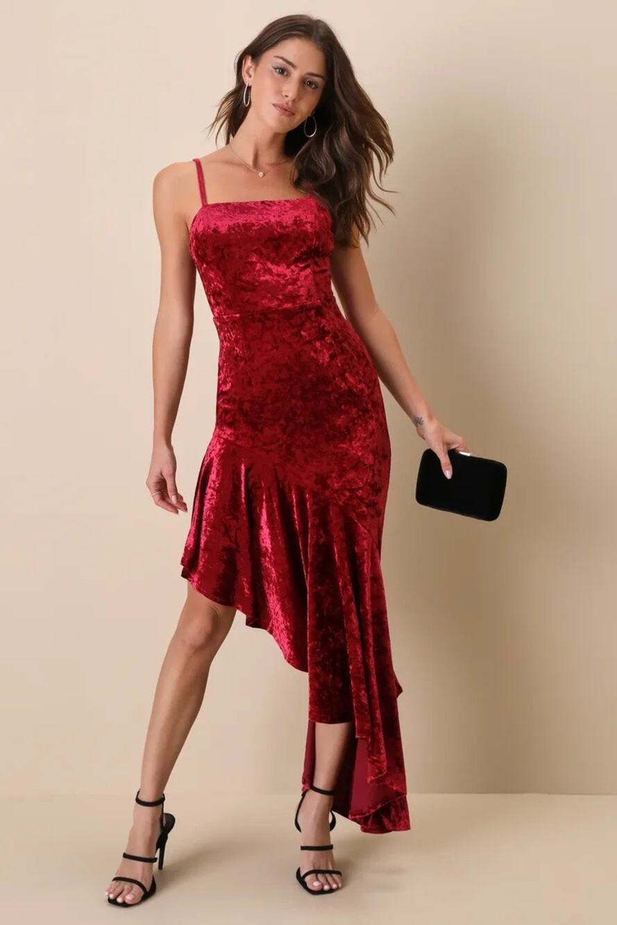 Lulus Crush On Me Wine Red Crushed Velvet Asymmetrical Maxi Dress Size XS